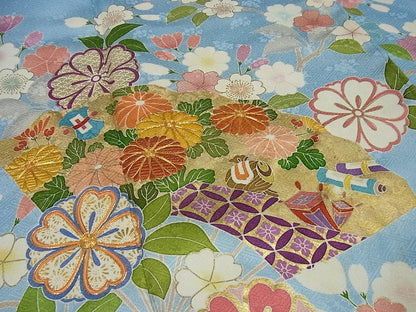 期間限定セール20％off●極上　創業460年・千總　振袖　駒刺繍　吉祥花文　金彩　反端付き　逸品3s1160