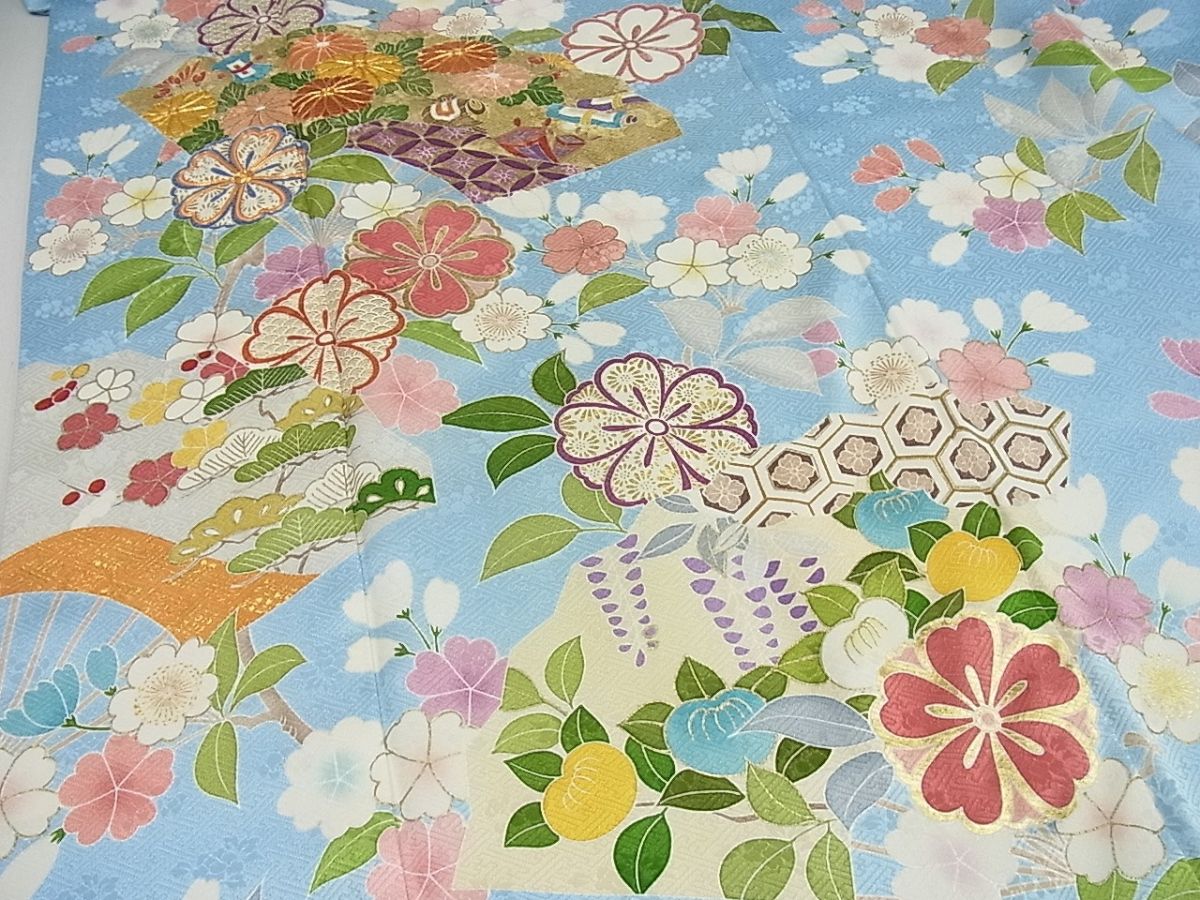 期間限定セール20％off●極上　創業460年・千總　振袖　駒刺繍　吉祥花文　金彩　反端付き　逸品3s1160