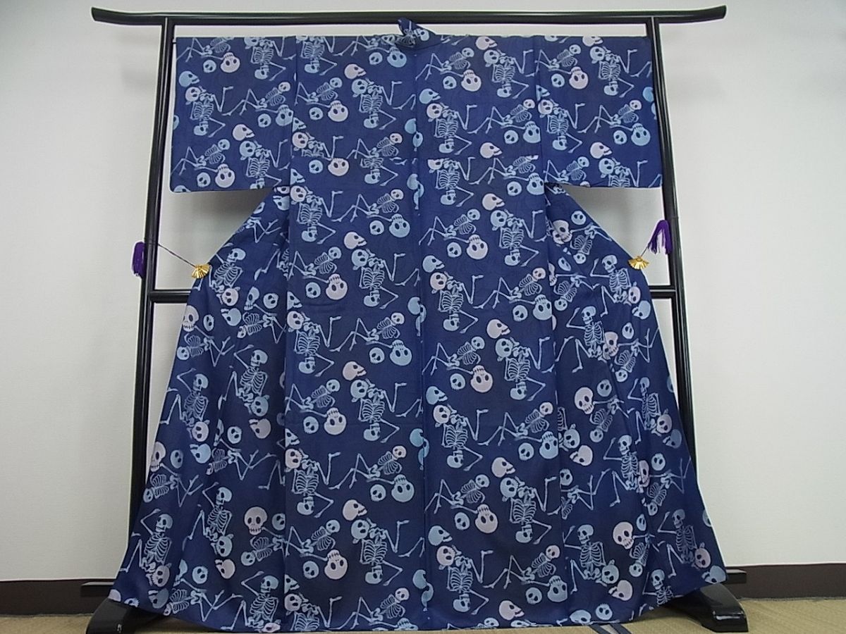 平和屋本店■希少　お召　単衣　骸骨　ドクロ　逸品3s1180