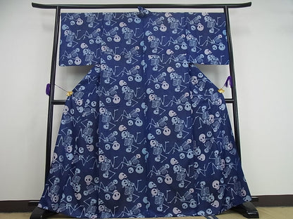 平和屋本店■希少　お召　単衣　骸骨　ドクロ　逸品3s1180