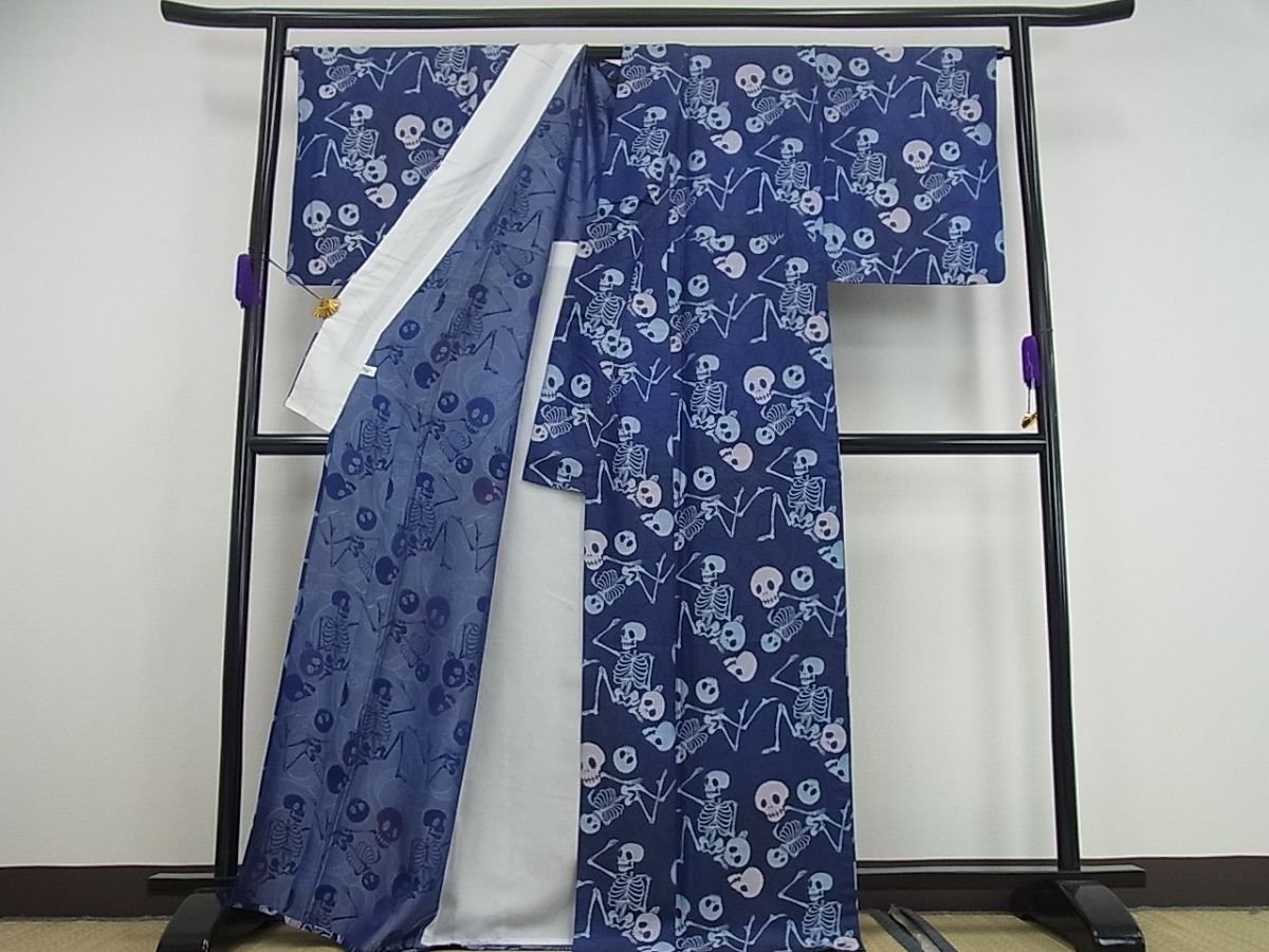 平和屋本店■希少　お召　単衣　骸骨　ドクロ　逸品3s1180