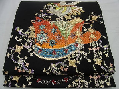 平和屋本店●最高級　龍村平蔵製　本袋帯　千代乃冠錦　黒地　金糸　逸品3s1374