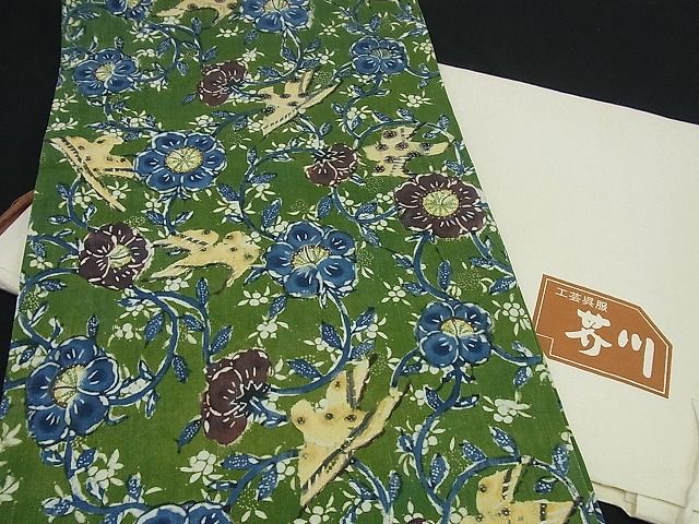 平和屋本店■希少染織家 古澤万千子 工芸呉服 芥川 九寸開き名古屋帯 紬地 花鳥唐草文 たとう紙付き 逸品3s1387