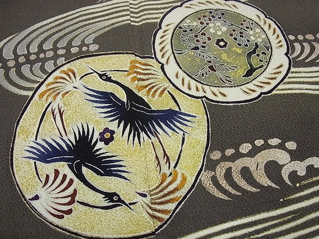 平和屋本店●極上 訪問着 浦野理一 息子 浦野範雄 訪問着 花鳥絵皿文 海松茶地 金彩 逸品3s1428