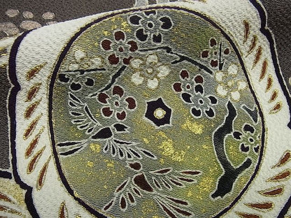 平和屋本店●極上 訪問着 浦野理一 息子 浦野範雄 訪問着 花鳥絵皿文 海松茶地 金彩 逸品3s1428