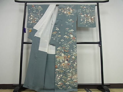 平和屋本店■希少　京都老舗　名門「千總」　訪問着　松坂屋　染織名作展　刺繍　松皮菱風景花蝶文　金彩　鬼しぼ縮緬　逸品　未使用3s1870