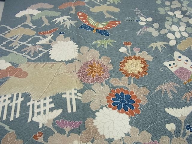 平和屋本店■希少　京都老舗　名門「千總」　訪問着　松坂屋　染織名作展　刺繍　松皮菱風景花蝶文　金彩　鬼しぼ縮緬　逸品　未使用3s1870