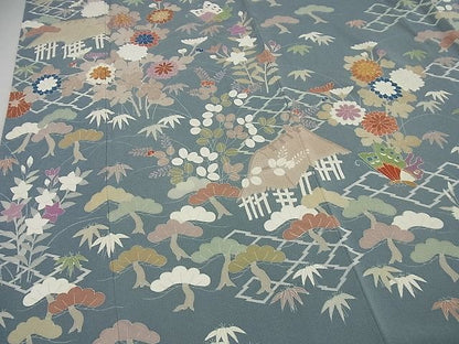 平和屋本店■希少　京都老舗　名門「千總」　訪問着　松坂屋　染織名作展　刺繍　松皮菱風景花蝶文　金彩　鬼しぼ縮緬　逸品　未使用3s1870