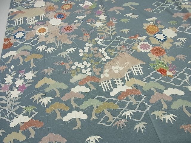 平和屋本店■希少　京都老舗　名門「千總」　訪問着　松坂屋　染織名作展　刺繍　松皮菱風景花蝶文　金彩　鬼しぼ縮緬　逸品　未使用3s1870