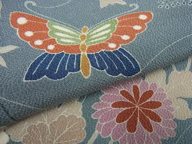平和屋本店■希少　京都老舗　名門「千總」　訪問着　松坂屋　染織名作展　刺繍　松皮菱風景花蝶文　金彩　鬼しぼ縮緬　逸品　未使用3s1870