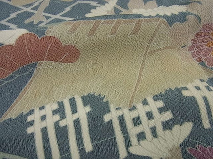 平和屋本店■希少　京都老舗　名門「千總」　訪問着　松坂屋　染織名作展　刺繍　松皮菱風景花蝶文　金彩　鬼しぼ縮緬　逸品　未使用3s1870