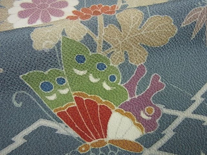 平和屋本店■希少　京都老舗　名門「千總」　訪問着　松坂屋　染織名作展　刺繍　松皮菱風景花蝶文　金彩　鬼しぼ縮緬　逸品　未使用3s1870