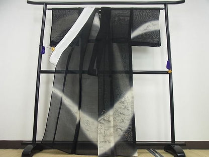 期間限定セール30％off■極上　夏物　訪問着・長襦袢セット　紗紬　手描き　鳥獣戯画　黒地　暈し染め　半衿刺繍　逸品3s2001