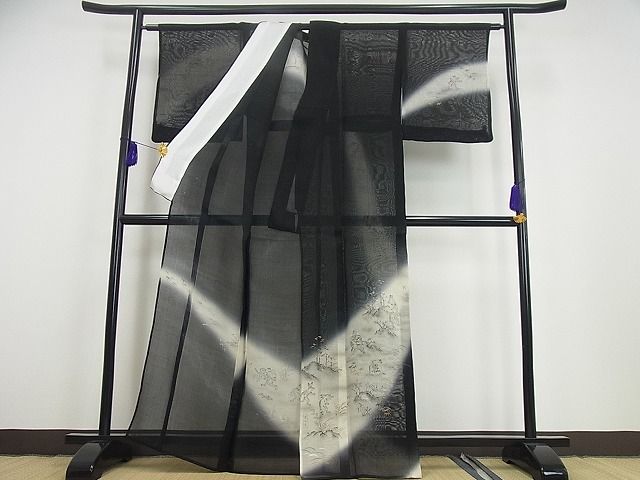 期間限定セール30％off■極上　夏物　訪問着・長襦袢セット　紗紬　手描き　鳥獣戯画　黒地　暈し染め　半衿刺繍　逸品3s2001