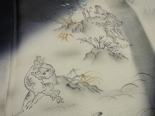 期間限定セール30％off■極上　夏物　訪問着・長襦袢セット　紗紬　手描き　鳥獣戯画　黒地　暈し染め　半衿刺繍　逸品3s2001