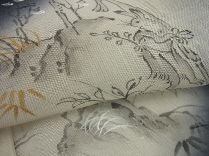 期間限定セール30％off■極上　夏物　訪問着・長襦袢セット　紗紬　手描き　鳥獣戯画　黒地　暈し染め　半衿刺繍　逸品3s2001