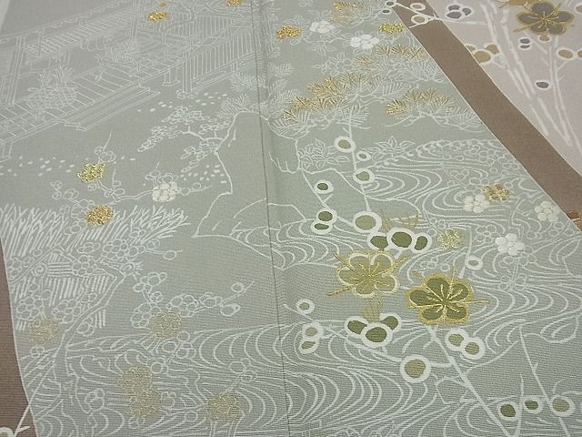 平和屋本店●極上　創業460年・千總　訪問着　絵巻風景枝梅文　金彩　パールトーン加工　逸品3s2237