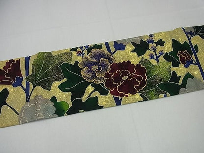 平和屋本店●極上　浦野理一　型染　九寸名古屋帯　枝花文　金彩　落款あり　逸品　未使用3s3614