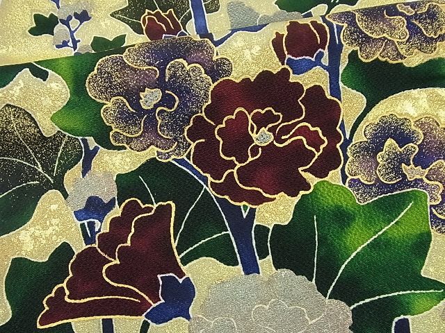 平和屋本店●極上　浦野理一　型染　九寸名古屋帯　枝花文　金彩　落款あり　逸品　未使用3s3614