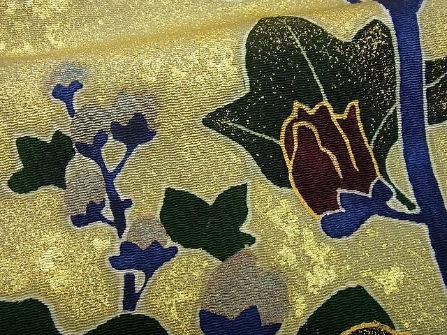 平和屋本店●極上　浦野理一　型染　九寸名古屋帯　枝花文　金彩　落款あり　逸品　未使用3s3614