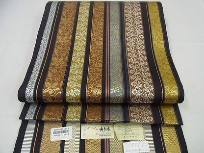 平和屋本店●極上 本場筑前博多織 両面 全通柄袋帯 黒木織物謹製 花唐草間道 博多金ラベル 証紙付き 未使用3s3623
