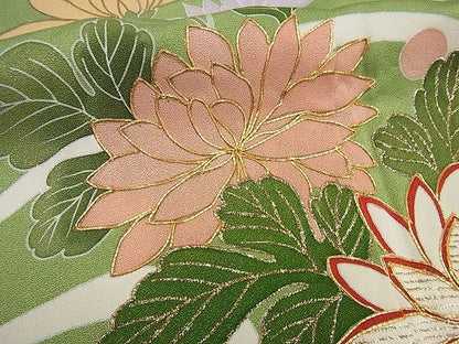 平和屋本店●極上 創業460年・千總 誰が袖好み 振袖 駒刺繍 立波花束ね文 松葉色地 金彩 高島屋扱い 逸品3s5049