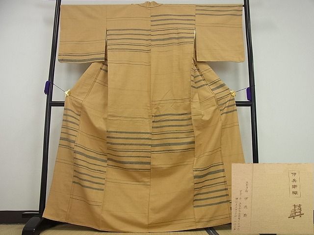 平和屋本店▽超希少　伊兵衛織　工芸手織　単衣　横段文　証紙付き　逸品3s5055