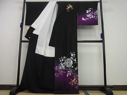 平和屋本店●金彩友禅 卓越技能者・名工・和田光正 訪問着 向かい鳥花唐草文 金通し地 黒×紫 さが美扱い3s5073