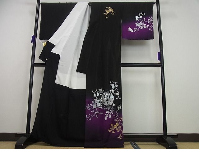 平和屋本店●金彩友禅 卓越技能者・名工・和田光正 訪問着 向かい鳥花唐草文 金通し地 黒×紫 さが美扱い3s5073