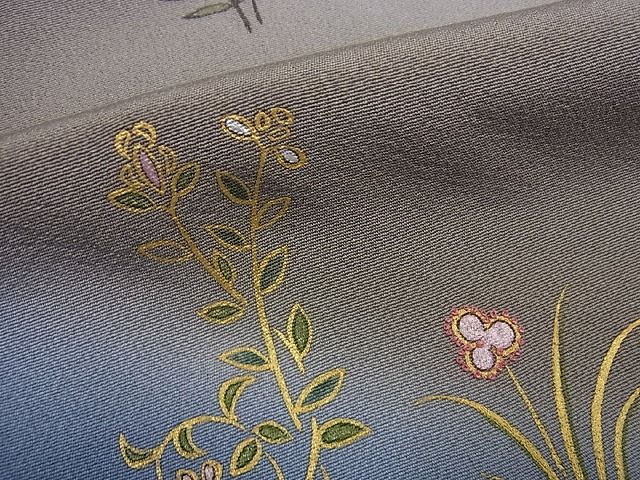 平和屋本店●極上　人間国宝　福田喜三郎　訪問着　刺繍　草花文　暈し染め　金彩　逸品2s520