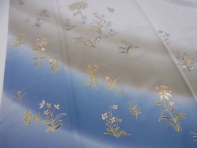 平和屋本店●極上　人間国宝　福田喜三郎　訪問着　刺繍　草花文　暈し染め　金彩　逸品2s520