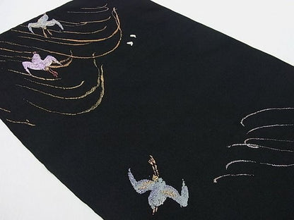 平和屋本店●極上 龍村平蔵製 本袋帯 村千鳥 黒地 逸品 s60049