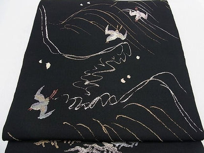 平和屋本店●極上 龍村平蔵製 本袋帯 村千鳥 黒地 逸品 s60049