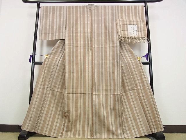 平和屋本店▽超希少 林郁作 茶色ぼかし・縞・藍 ロートン織 紬 単衣 三越扱い 証紙付き 逸品 未使用s7065