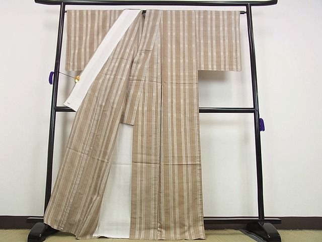 平和屋本店▽超希少 林郁作 茶色ぼかし・縞・藍 ロートン織 紬 単衣 三越扱い 証紙付き 逸品 未使用s7065