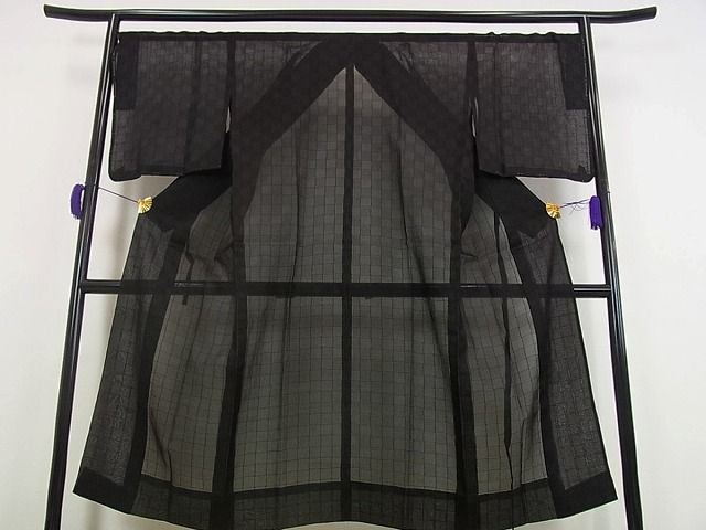 平和屋本店▽極上 道中着 ロング丈 スリーシーズン 春夏秋 市松紋紗 洒落着 黒地 逸品s7095