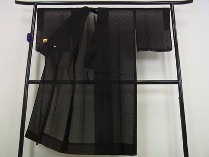 平和屋本店▽極上 道中着 ロング丈 スリーシーズン 春夏秋 市松紋紗 洒落着 黒地 逸品s7095