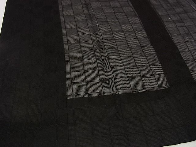 平和屋本店▽極上 道中着 ロング丈 スリーシーズン 春夏秋 市松紋紗 洒落着 黒地 逸品s7095
