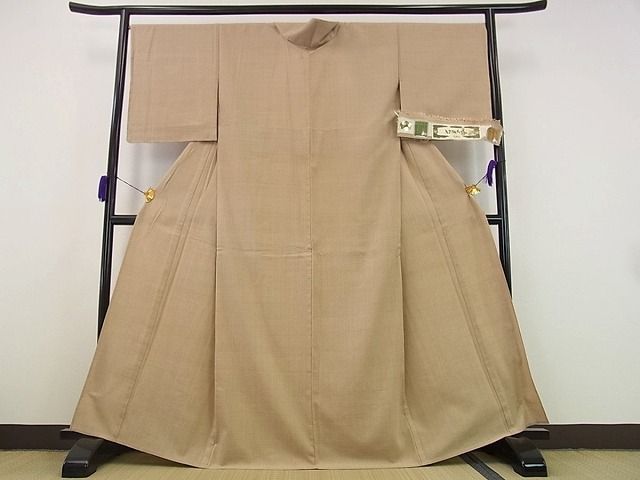 平和屋本店▽極上 本場結城玉紬 結織ちぢみ 結織苑 単衣 色無地 白茶 パールトーン加工済 証紙 未使用s7386