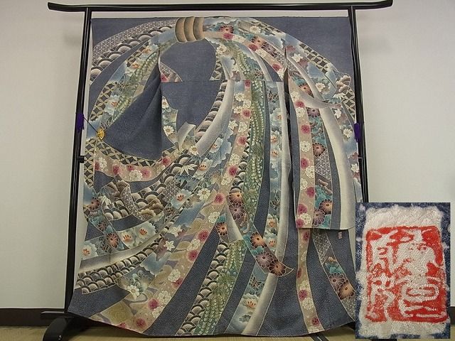 平和屋本店●極上 名門 藤娘きぬたや・総絞り 振袖 束ね熨斗花文 落款あり パールトーン加工済 逸品s9159