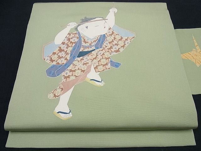 平和屋本店●希少　加賀友禅の巨匠　初代　由水十久　塩瀬　九寸名古屋帯　童子　折鶴　三越扱い　逸品3s964