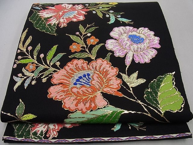 平和屋本店●最高級　龍村平蔵製　本袋帯　金更紗大唐花　黒地　金糸　逸品3s989