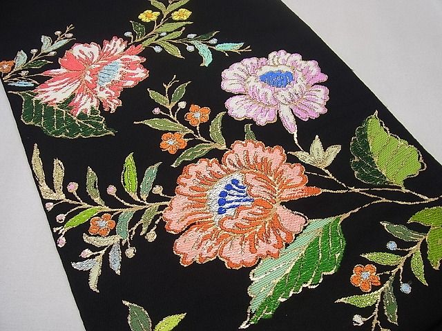 平和屋本店●最高級　龍村平蔵製　本袋帯　金更紗大唐花　黒地　金糸　逸品3s989