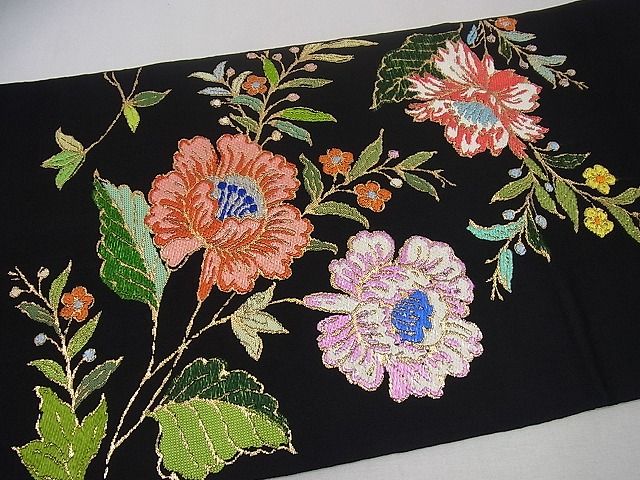 平和屋本店●最高級　龍村平蔵製　本袋帯　金更紗大唐花　黒地　金糸　逸品3s989