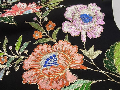 平和屋本店●最高級　龍村平蔵製　本袋帯　金更紗大唐花　黒地　金糸　逸品3s989