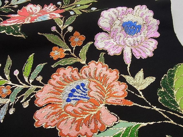 平和屋本店●最高級　龍村平蔵製　本袋帯　金更紗大唐花　黒地　金糸　逸品3s989