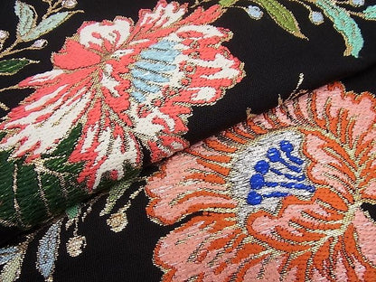 平和屋本店●最高級　龍村平蔵製　本袋帯　金更紗大唐花　黒地　金糸　逸品3s989