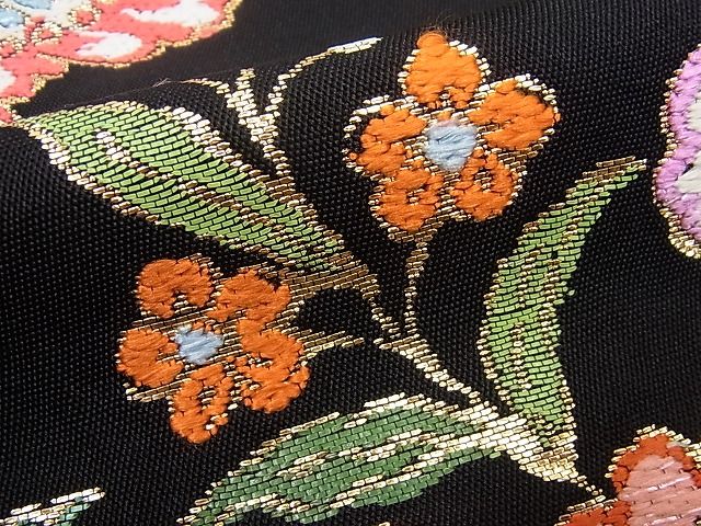 平和屋本店●最高級　龍村平蔵製　本袋帯　金更紗大唐花　黒地　金糸　逸品3s989
