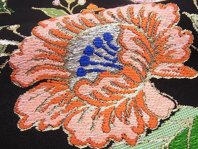 平和屋本店●最高級　龍村平蔵製　本袋帯　金更紗大唐花　黒地　金糸　逸品3s989