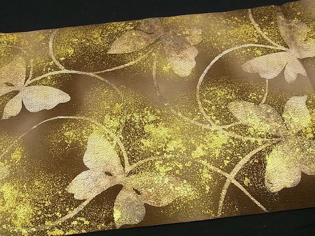 平和屋本店●極上　浦野理一　九寸開き名古屋帯　舞蝶文　鬼しぼ縮緬　落款あり　逸品2s9961